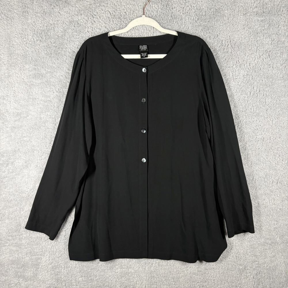 Eileen Fisher Black Georgette Silk Long Sleeve Button Up Shirt Size M Oversized